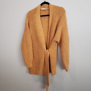 Zara M Oversize Chunky Cable-Knit Crossover Wrap Cardigan - Mustard